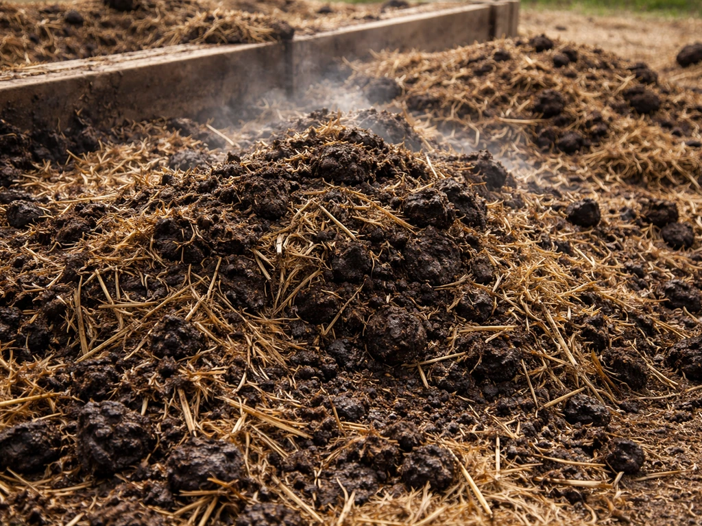 Close-up of manure mixed with straw piled for composting in a farm compost area