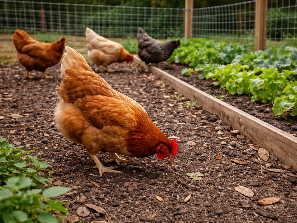 Backyard chickens foraging beside a fenced crop bed, showing pest-control behavior.