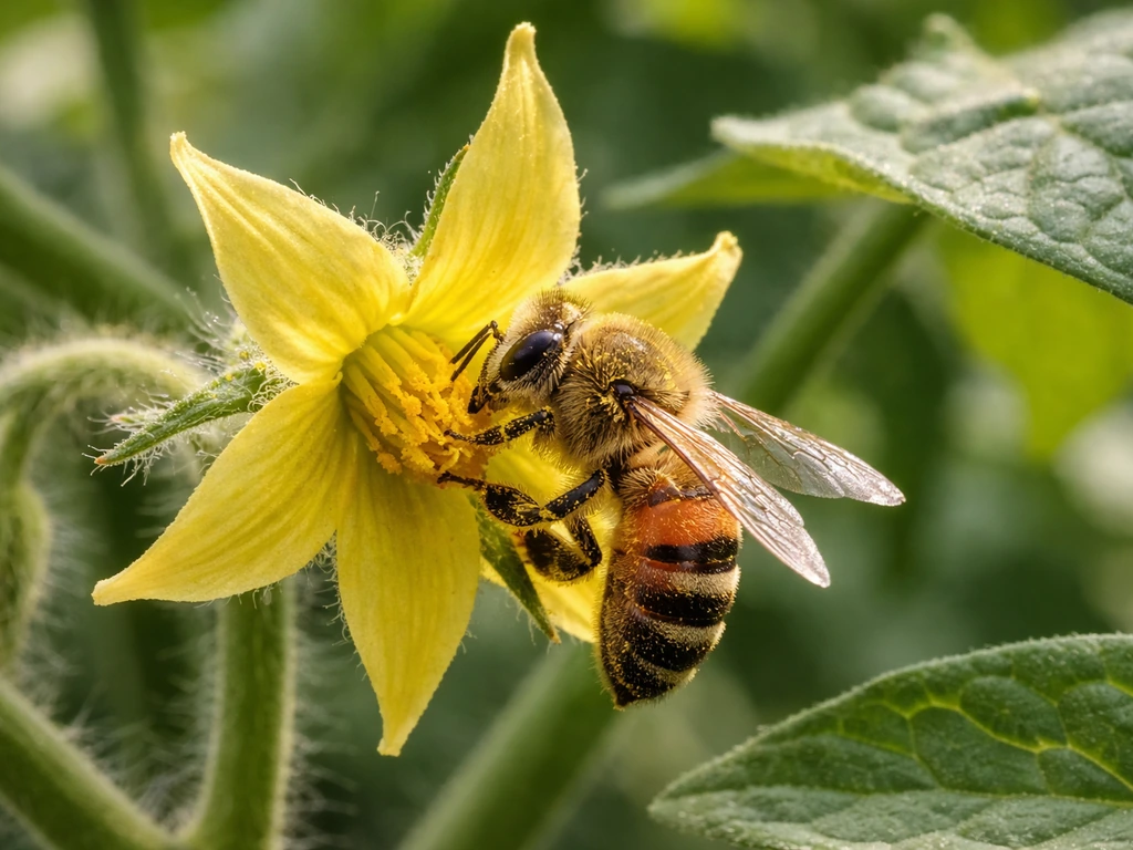 Honey bee working on a tomato flower with visible pollen and detailed petals in a garden.