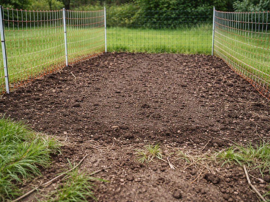 Portable electric poultry fencing beside a garden bed with flattened weeds and freshly disturbed soil.