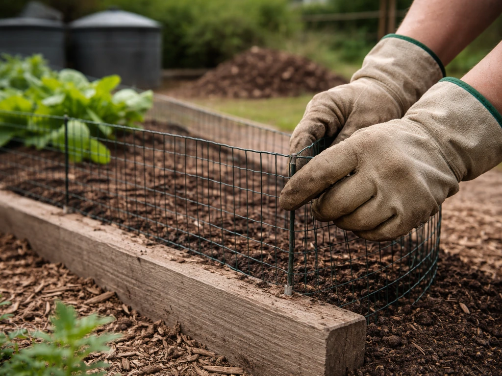 Gloved hand adjusting garden bed fencing barrier with separate compost area in the background