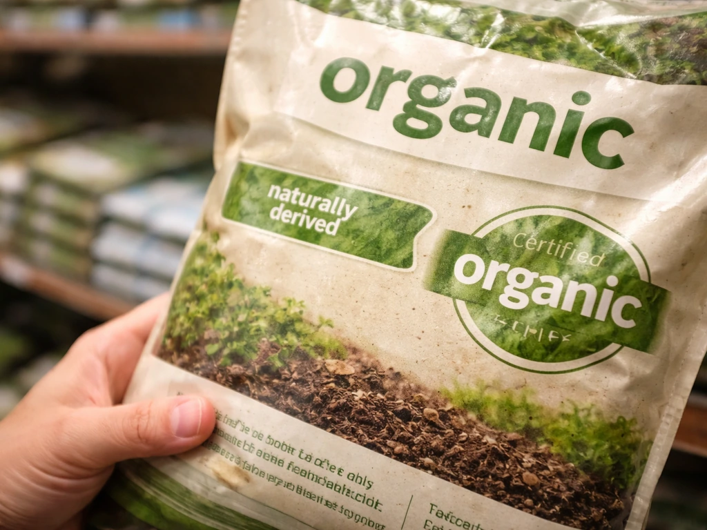 Close-up of an anonymous fertilizer bag label showing different “organic” wording styles, slightly out of focus.