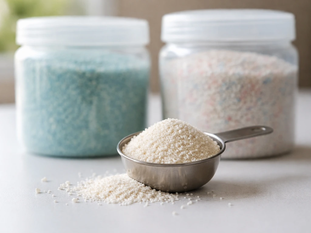 Close-up of water-soluble NPK powder containers with a small scoop and soluble granules in natural light.