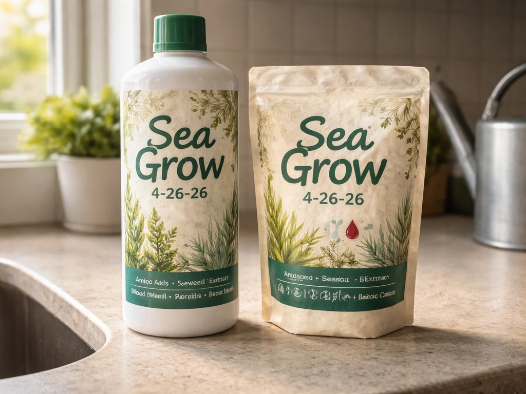 Close-up of Sea Grow 4-26-26 fertilizer packaging with seaweed-inspired organic ingredient details.