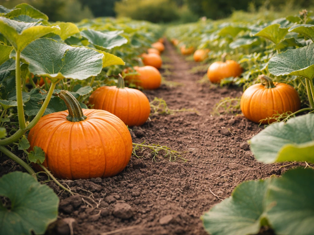 Close-up of pumpkin plants with harvest-ready orange pumpkins growing in neat garden rows.