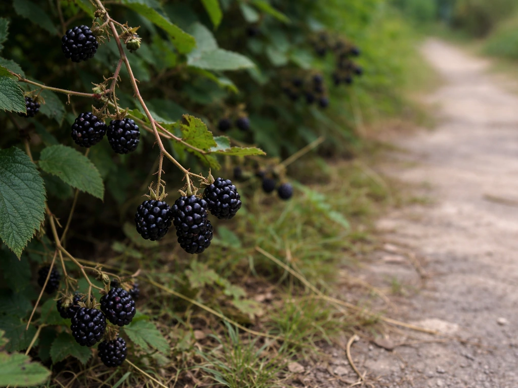 Wild berry vines with purple berries on the ground near a grassy path outside a garden.
