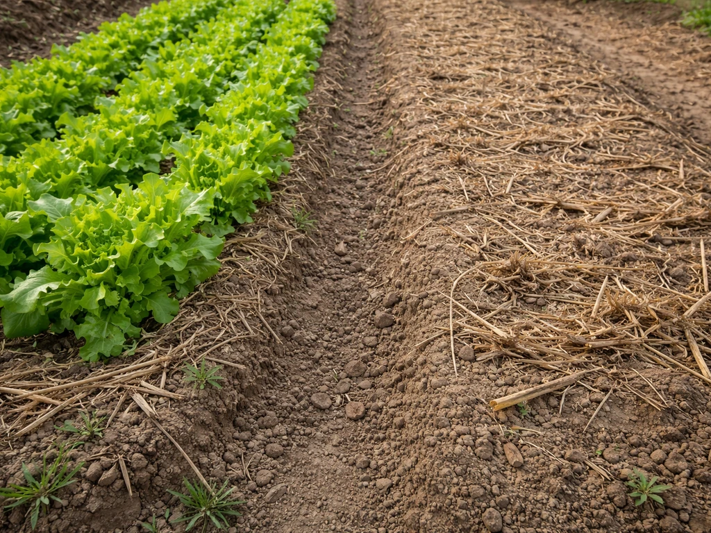 Game farm bed with lush green crop beside an unharvested patch showing empty stubble after switching too soon.