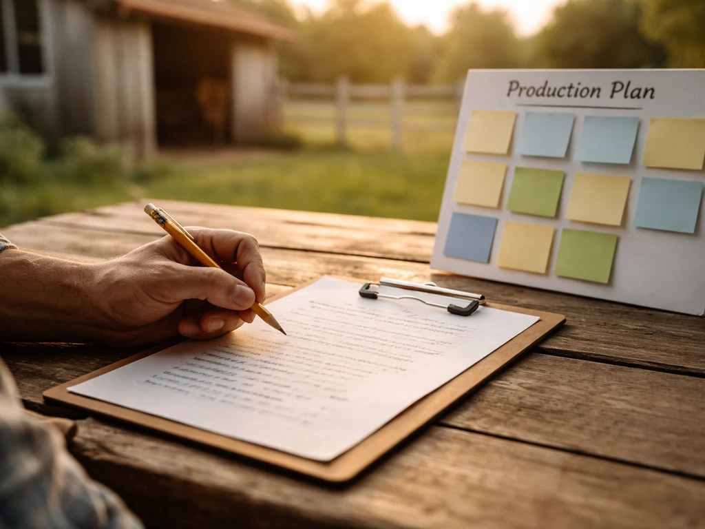 Homestead producer marking a simple goals checklist beside a small production plan board