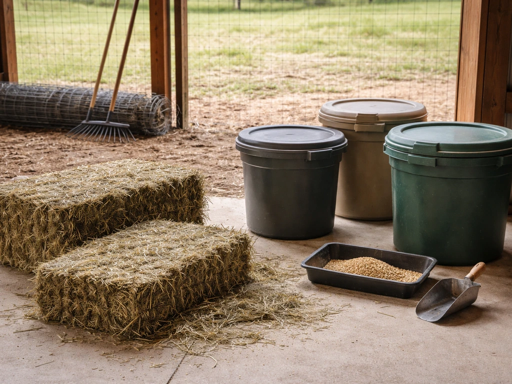 Minimal homestead feed-and-forage setup with hay bales, grain tubs, and simple pasture fencing in view.