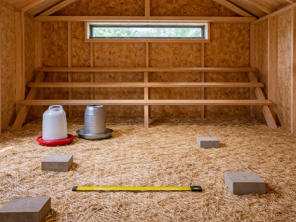 Empty chicken coop interior showing roomy floor space and an upper ventilation opening.