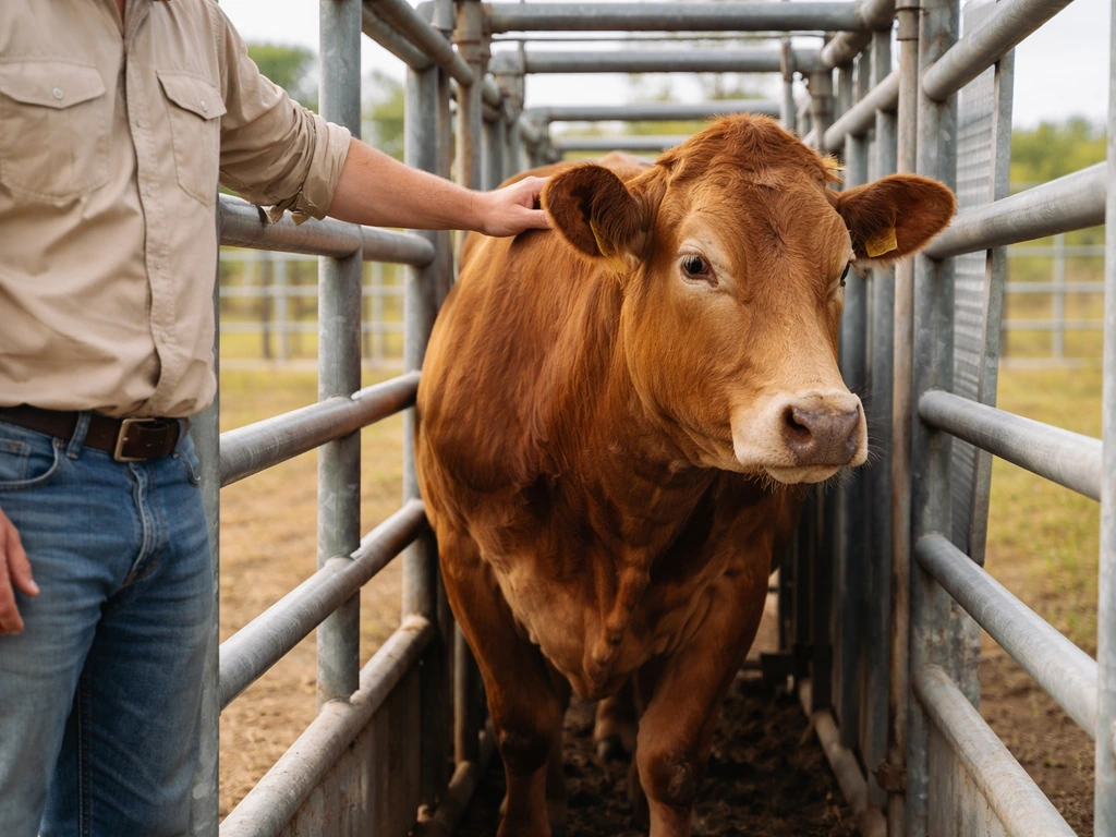 A calm beef cow in a sorting pen as a handler guides it through routine handling
