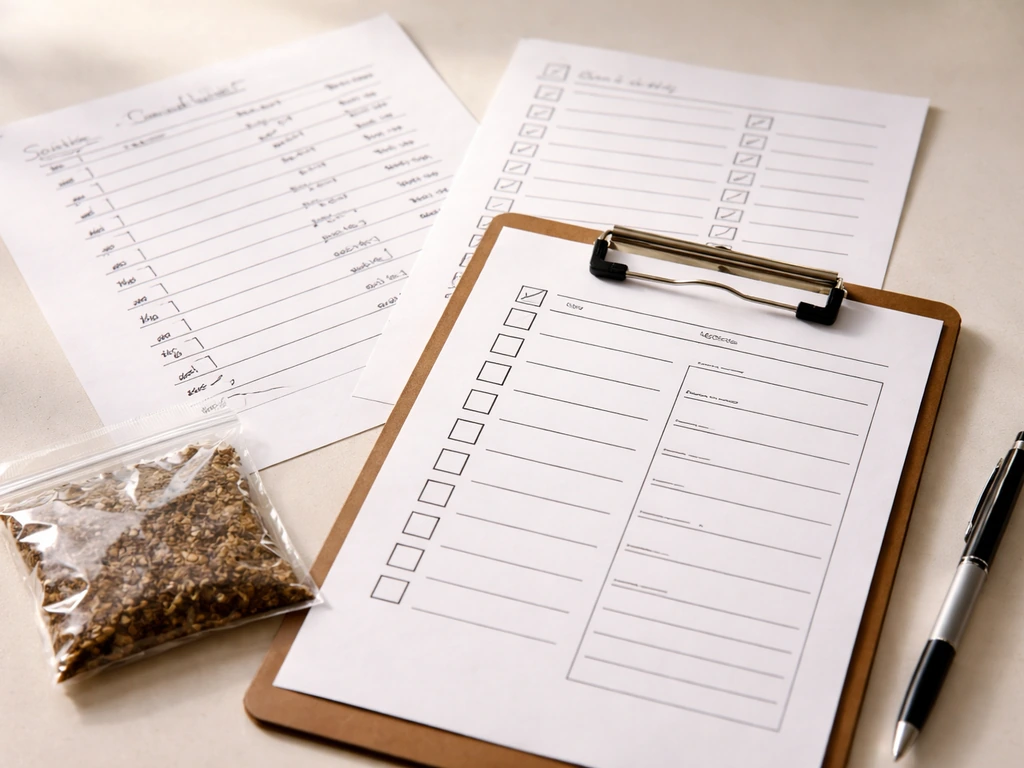 Handwritten cost sheet and trial-start checklist over validation paperwork with a pen and sample bag on a table.