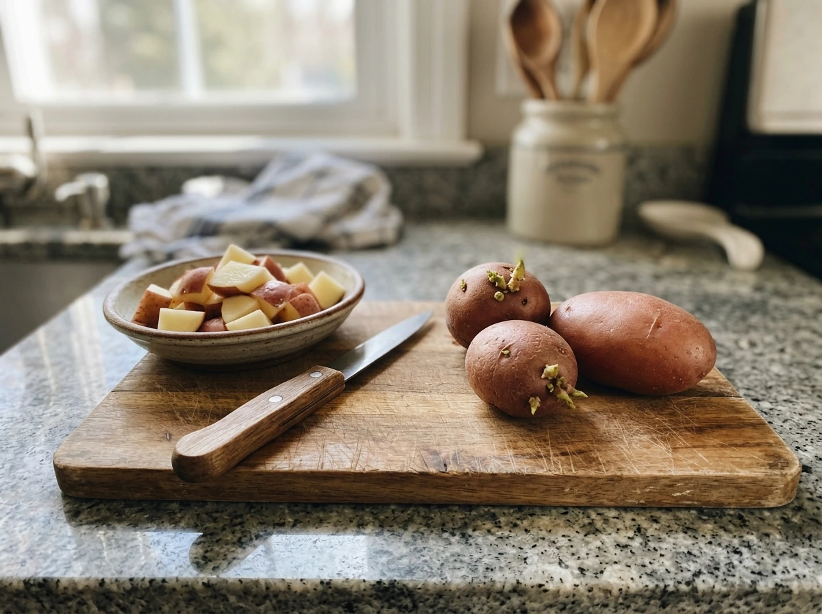 Potatoes on a cutting board with sprout trimmings and a paring knife for safe use.