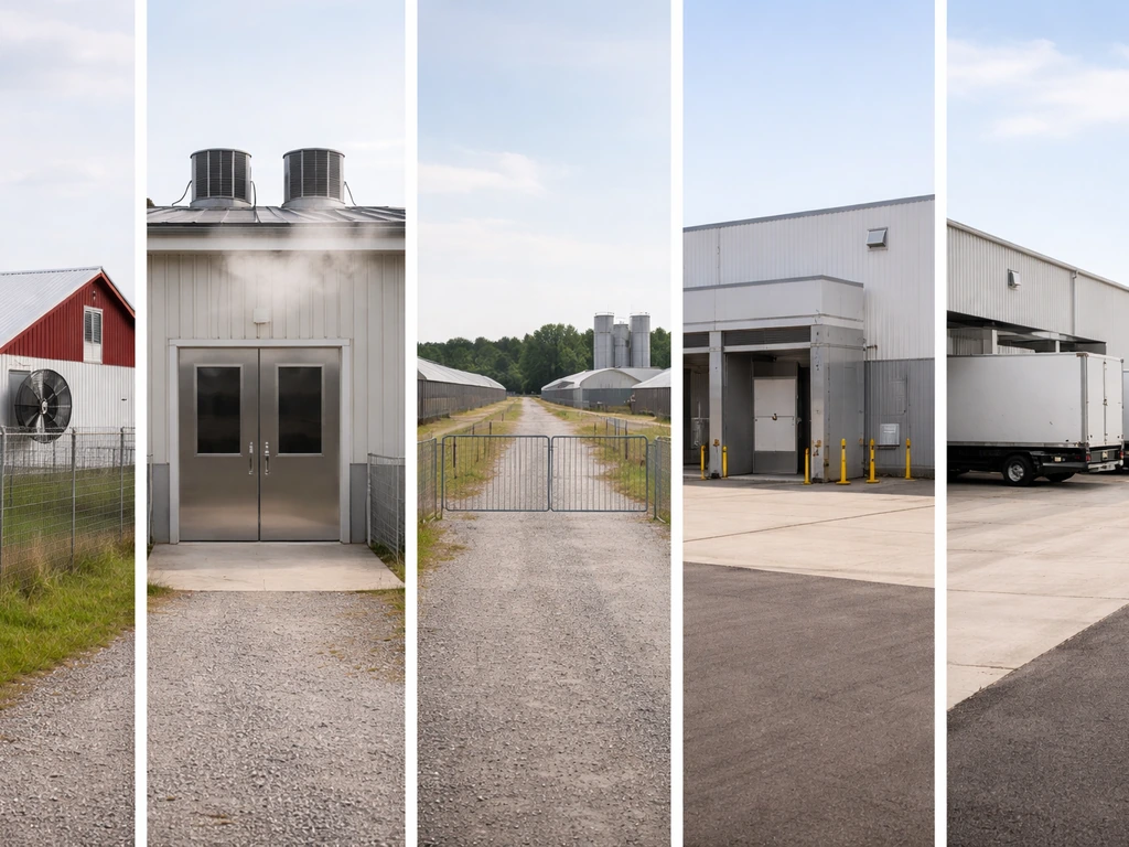 Minimal photo of staged poultry supply chain workflow with empty facilities and trucks, no text.