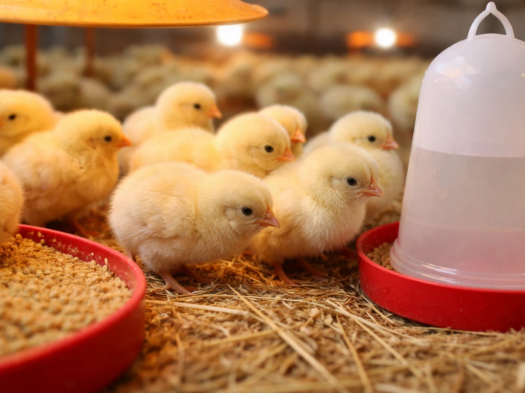 Day-old broiler chicks under brooder heat with feeder and waterer visible on straw bedding.
