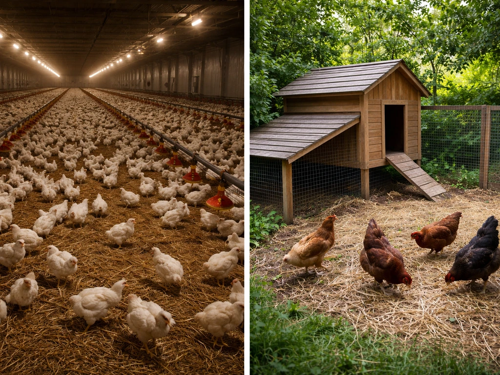 Minimal split scene showing industrial poultry supply and a small backyard homestead with chickens.