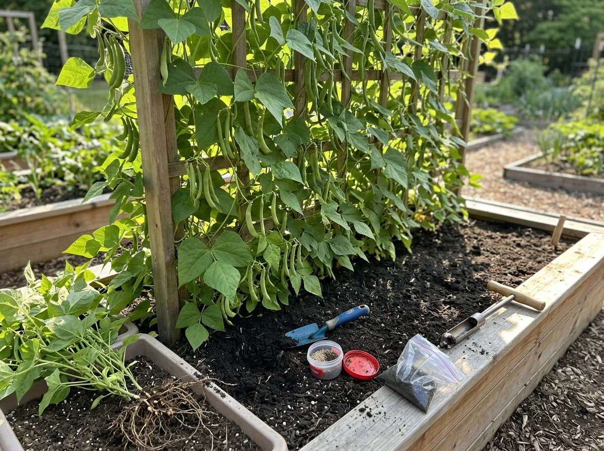 Bean plants thriving in well-amended soil with nodules roots and healthy pods