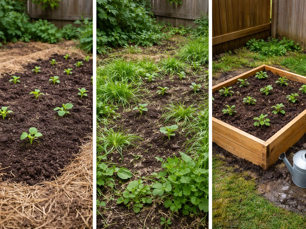 Three minimal garden scenes showing direct planting in good soil, weeds in ground, and a raised bed in poor drainage.