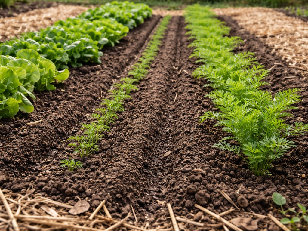 In-ground vegetable rows growing directly in native soil with mulch around the beds.