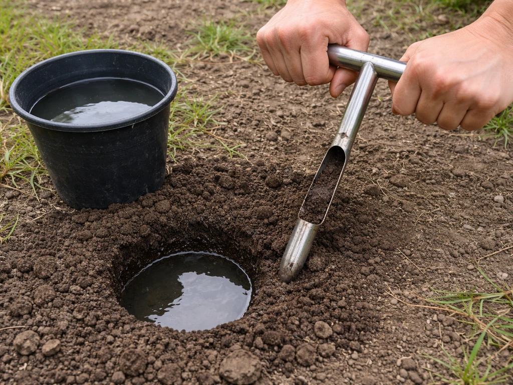 Person using a soil probe beside a small test hole filled with water for drainage checking.
