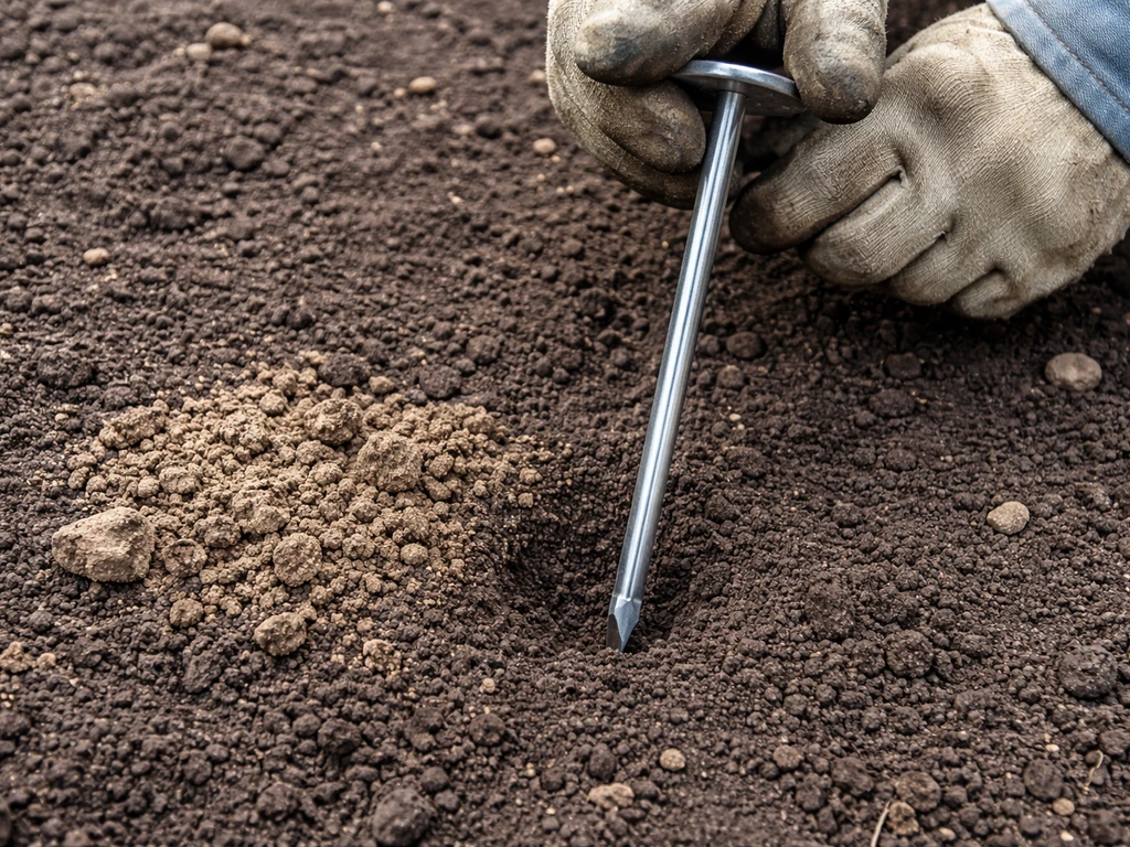 Close-up of a soil penetrometer pushed into ground, with crumbly loosened soil texture nearby.