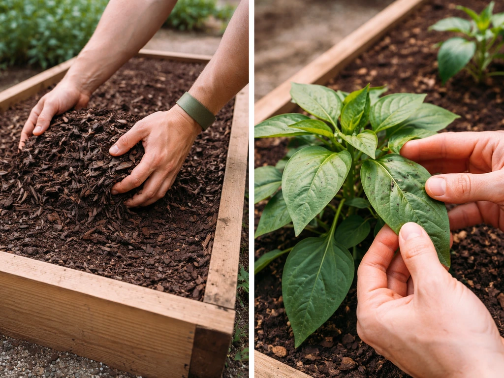Gardener mulching raised bed soil, then inspecting plant leaves for pest or disease signs.