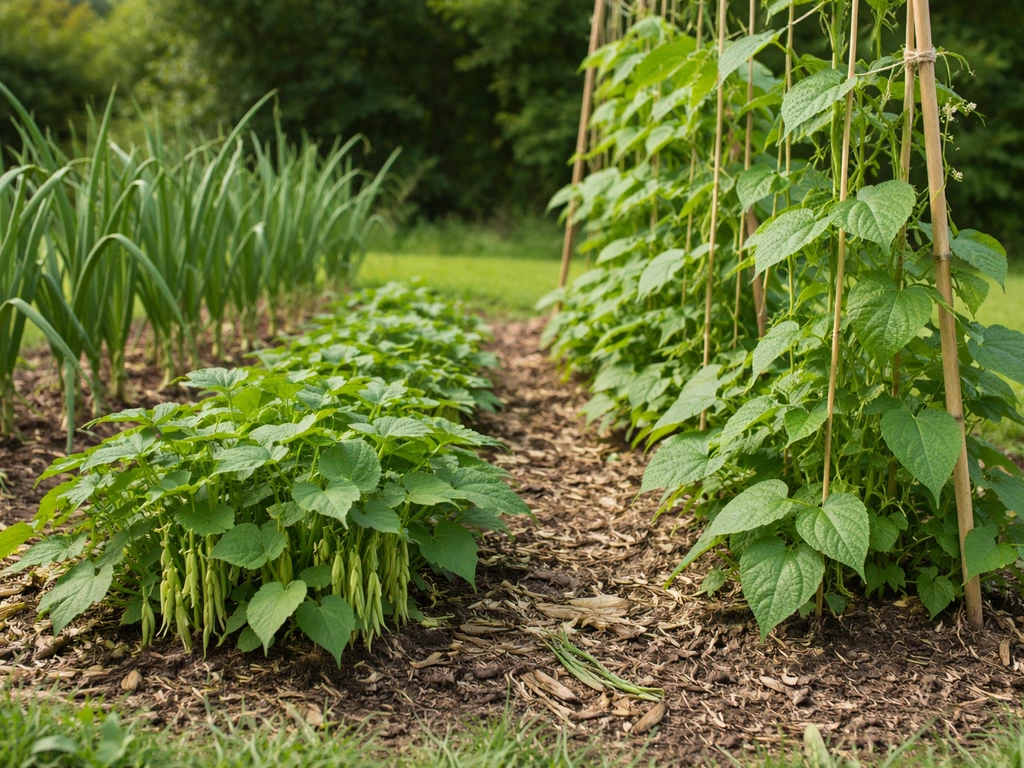 Bush bean plants and pole bean vines growing beside garlic in a simple garden bed with support trellis.