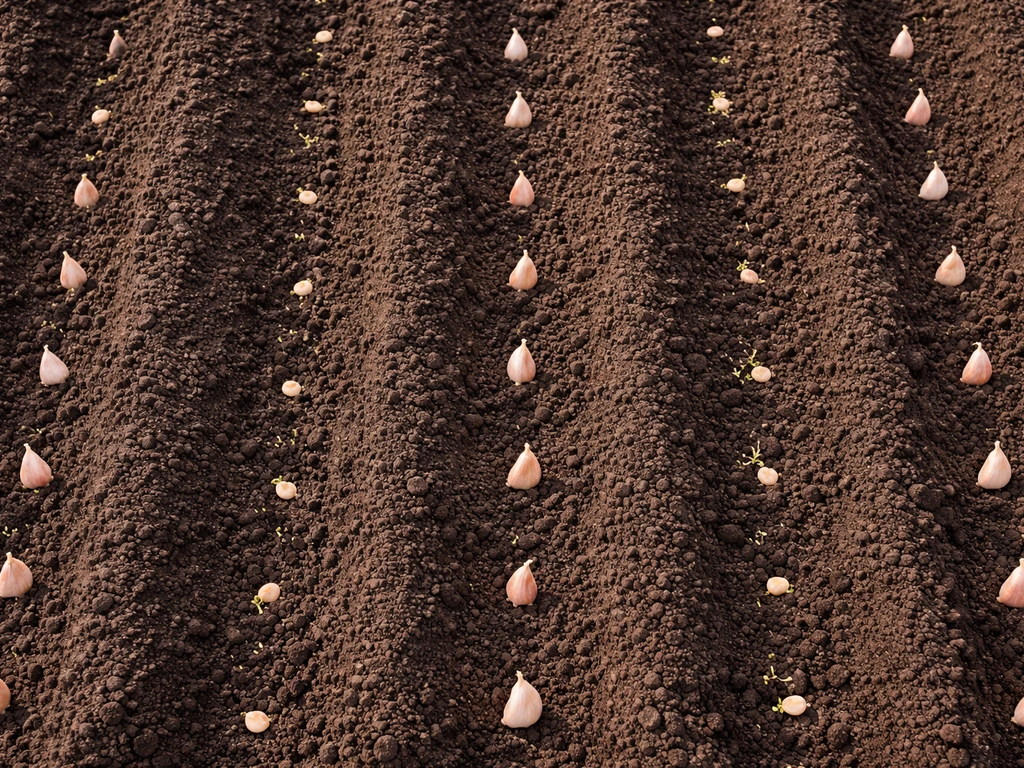 Top-down garden bed showing garlic clove depth and 6-inch in-row spacing, with beans between rows.