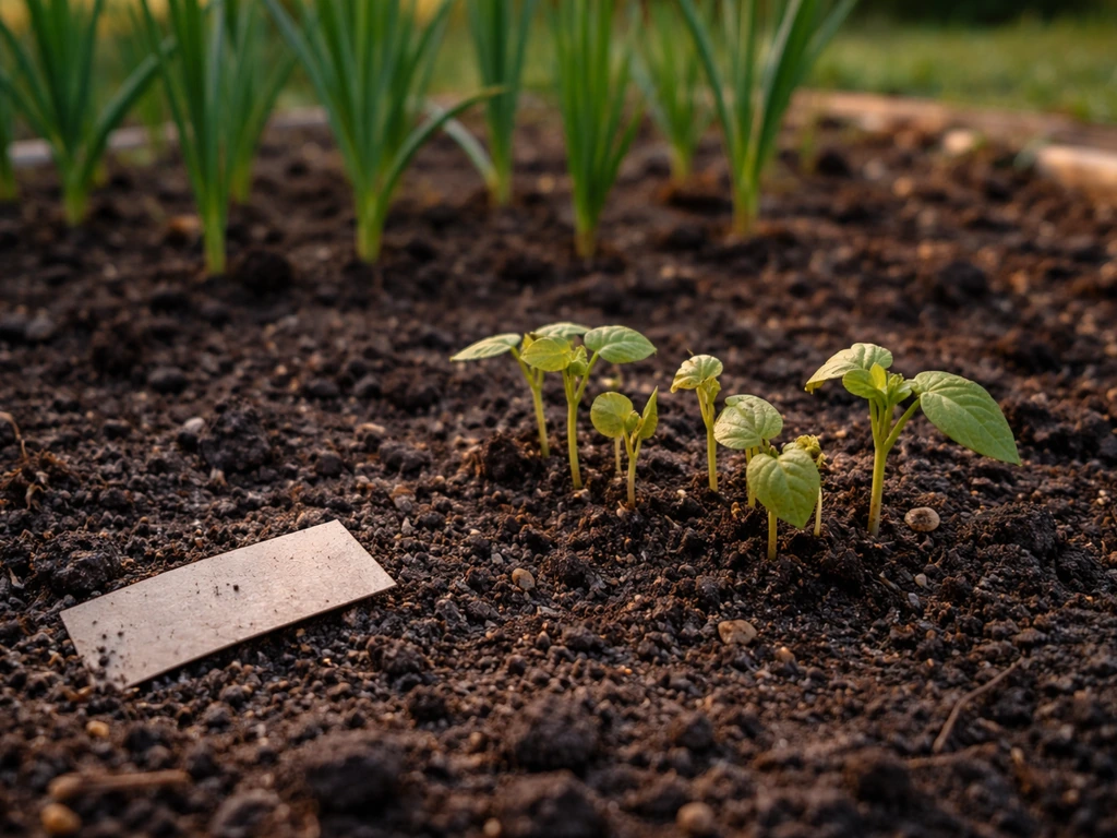 Stunted bean seedlings in a small garden bed beside garlic plants and a dropped garden label with notes.