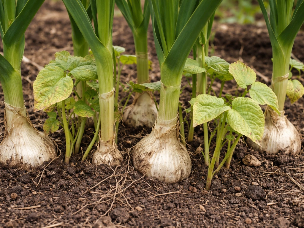 Stunted pale bean seedlings crowded next to established garlic bulbs in a garden bed.