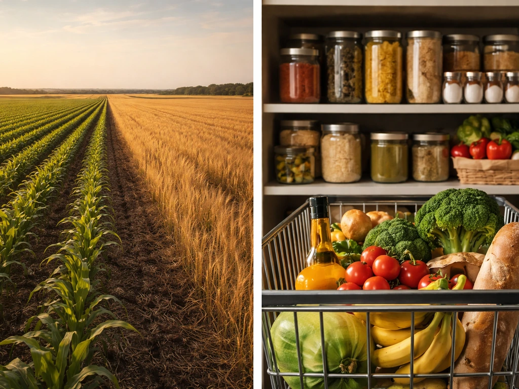 Split image: wide US row-crop fields on one side and a grocery cart pantry on the other.