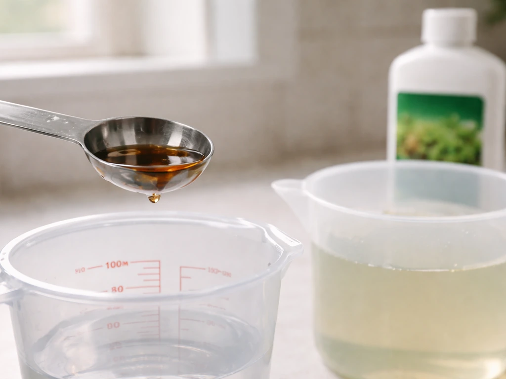 Measuring spoon and cup beside a fertilizer bottle, with pale mixed liquid in a container for accurate dosing.