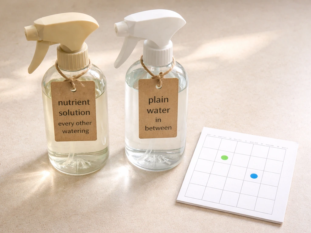 Minimal tabletop scene with two labeled bottles showing nutrient-solution every-other-watering vs plain water in-between