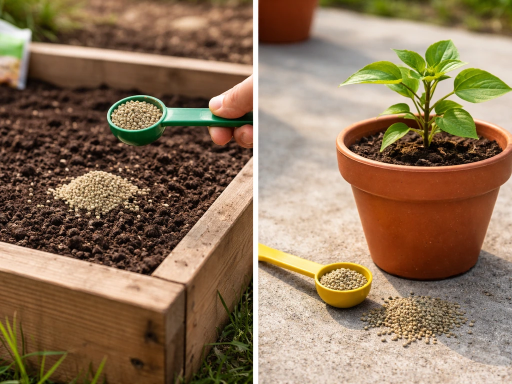 Raised garden bed soil on the left and a small potted plant on the right with fertilizer scoop amounts.