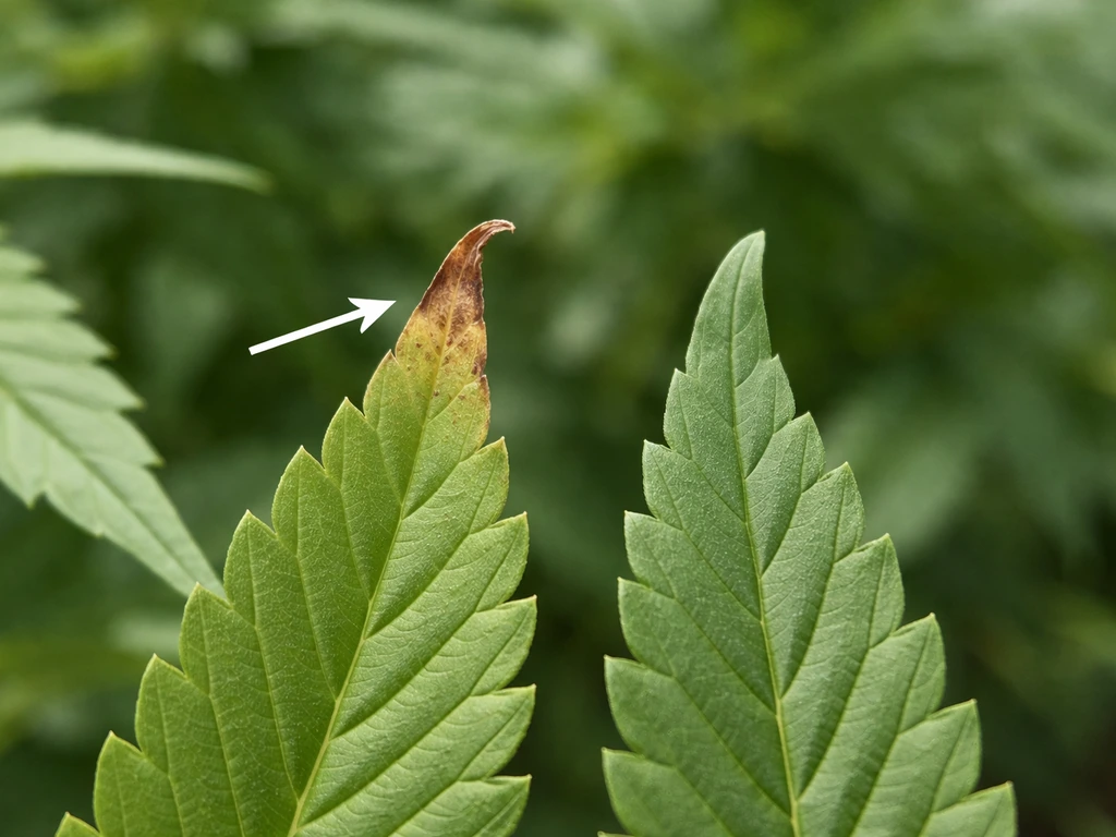 Close-up of two plant leaves: one with brown crispy nutrient-burn tips, arrow pointing to the tip damage.