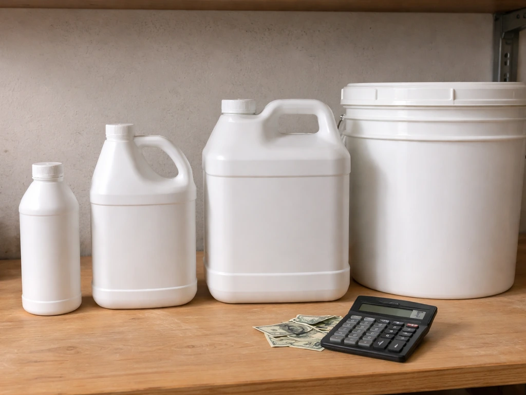 Assorted grow nutrient bottles beside a blank calculator and cash, photographed on a clean desk.