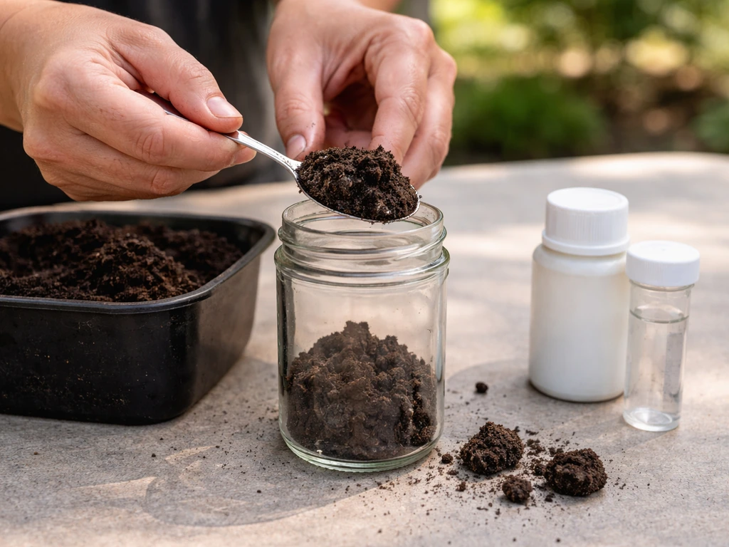 Hands scooping soil into a test jar next to a simple soil-test kit on a clean outdoor table.