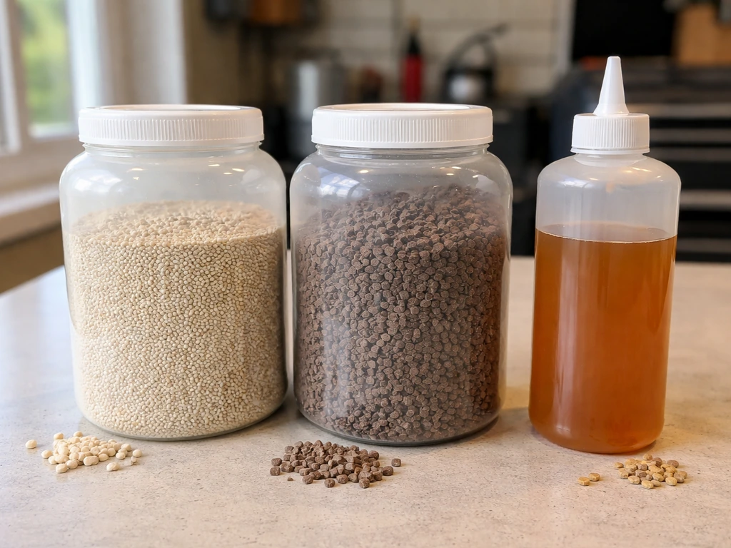 Three types of fertilizer in simple containers: granular synthetic, granular organic, and liquid fertilizer.