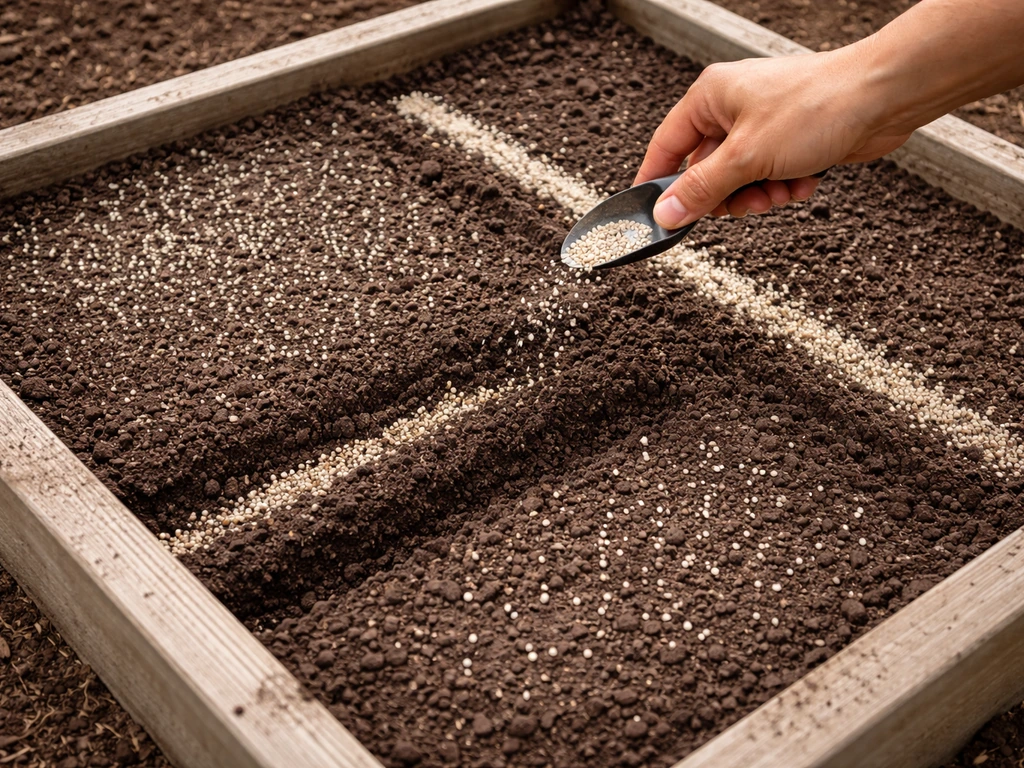Garden bed showing four distinct fertilizer placement methods with simple visual zones: broadcast, band, side-dress, top