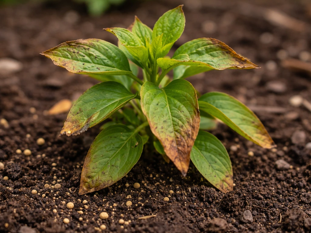 Close-up of plant leaves with brown scorched tips and nearby soil showing fertilizer residue.