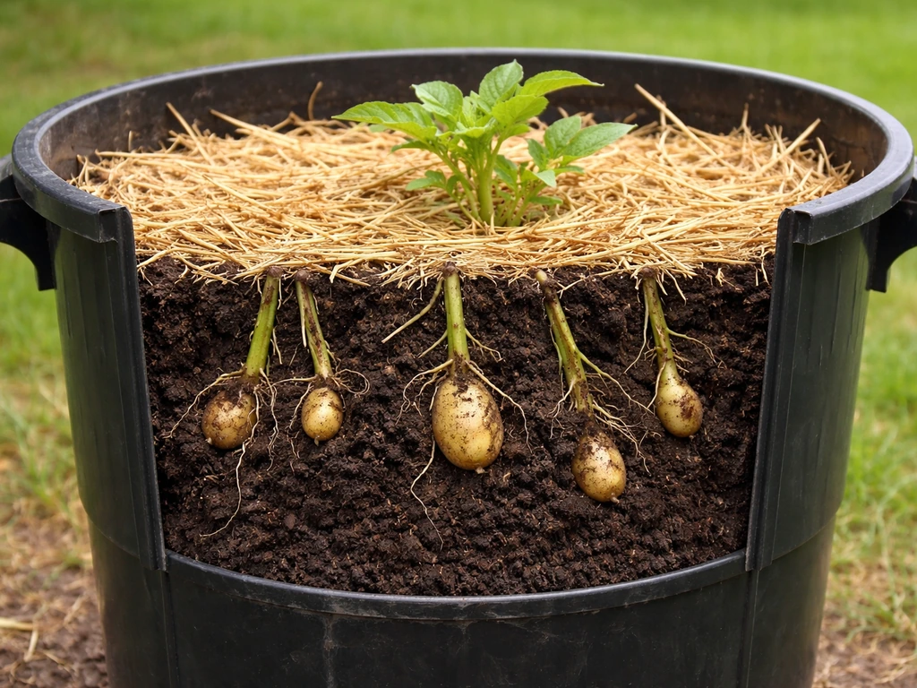 Potato tubers forming along buried stems inside a black garbage can planter, with soil and straw visible.