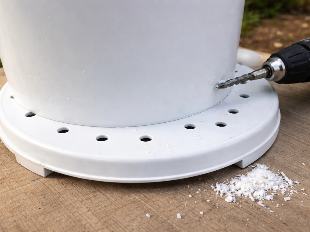 Close-up of a plastic trash can base showing drilled drainage holes and lifted to prevent waterlogging.