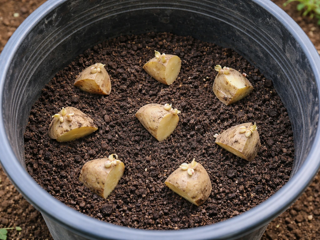 Seed potato pieces resting on starter soil inside an outdoor garbage can, ready to be covered.