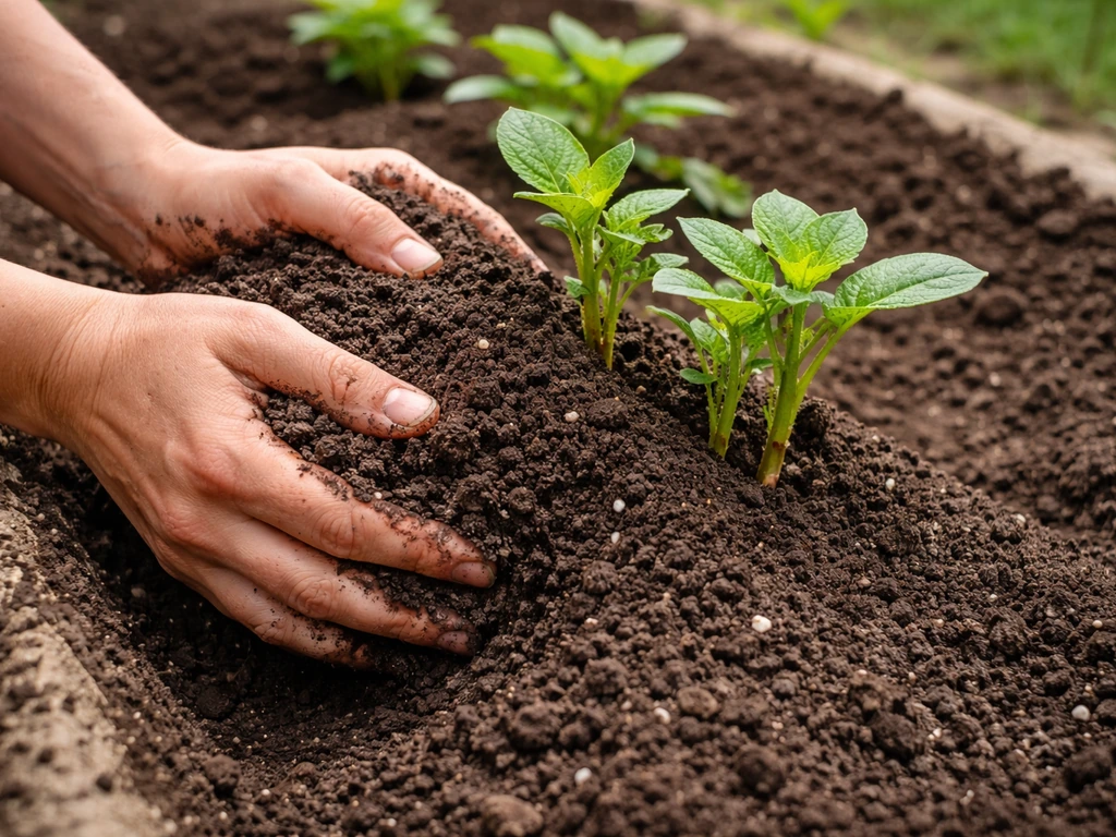 Hands adding dark soil mix into a mound around emerging potato stems in a garden bed.