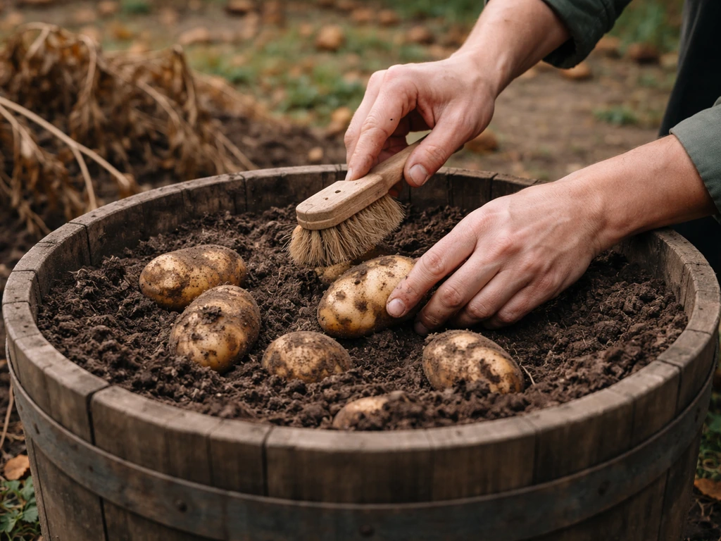 Hands dig fresh potatoes from a wooden garbage can as browned vines sit in the background.