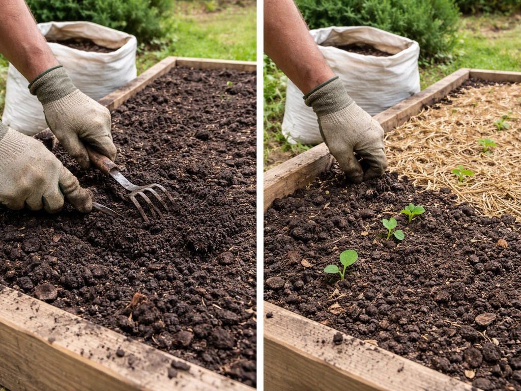 Gardener mixes compost into raised garden soil and covers it with mulch and small cover-crop sprouts.