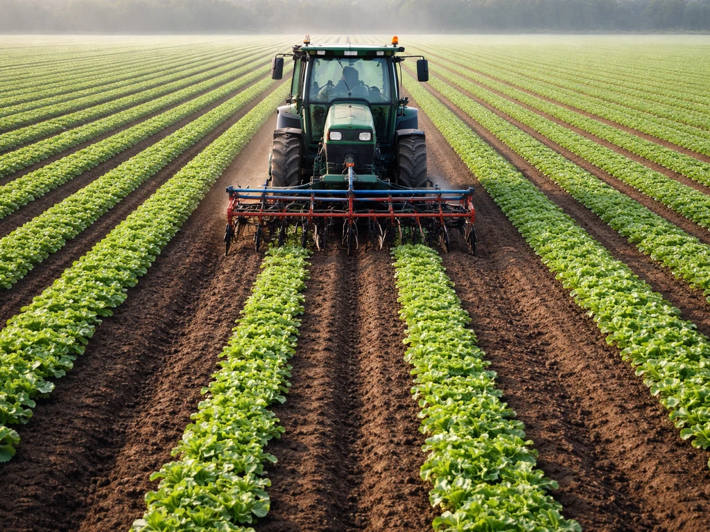 Tractor cultivating between crop rows in an open field with clean mulched cultivation strips.
