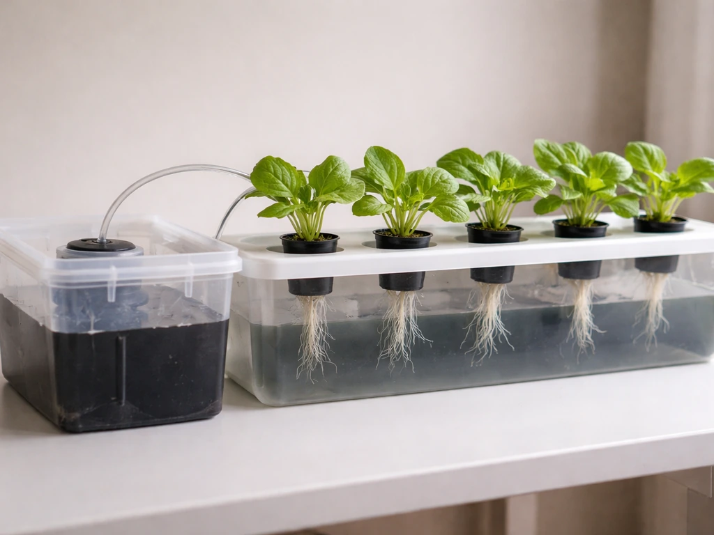 Minimal hydroponics setup with clear nutrient tank and net pots holding green seedlings.