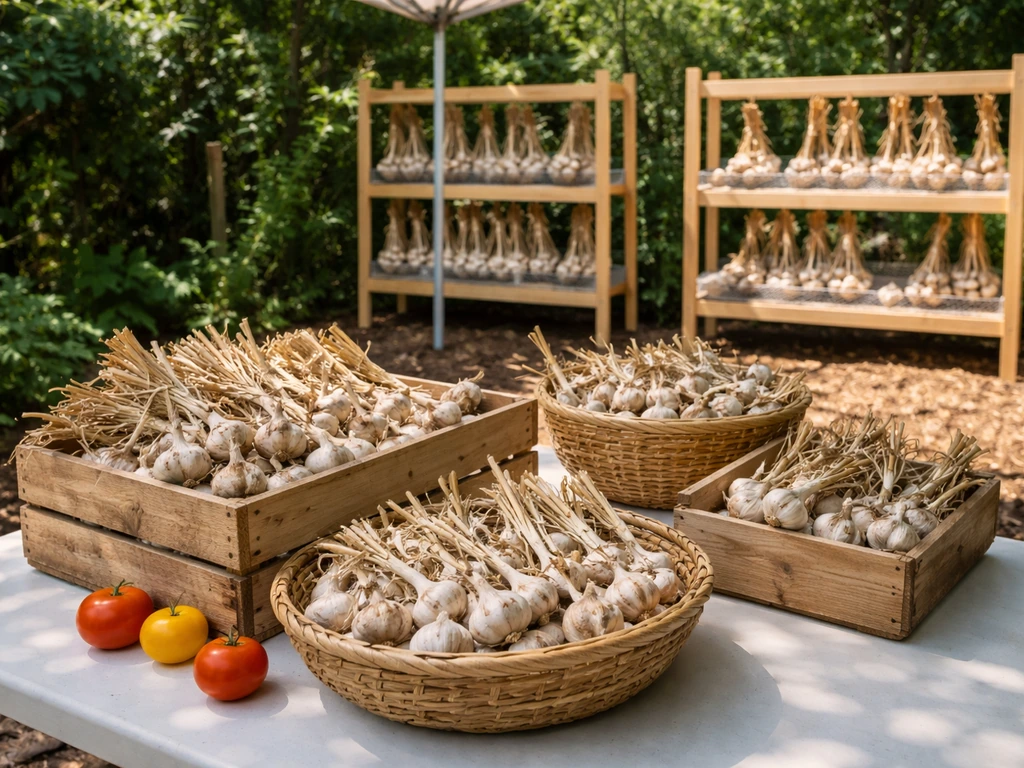 Crates of harvested garlic beside shaded drying racks for curing.