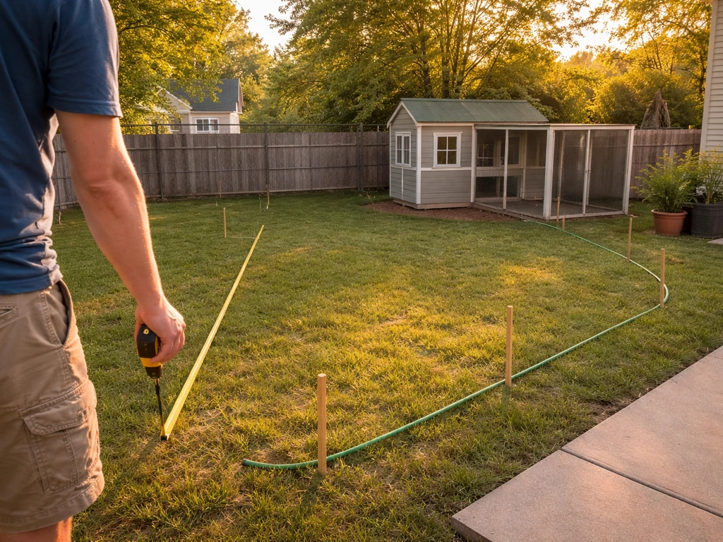 Person in small backyard measuring space with a tape, showing where a chicken coop and run could fit
